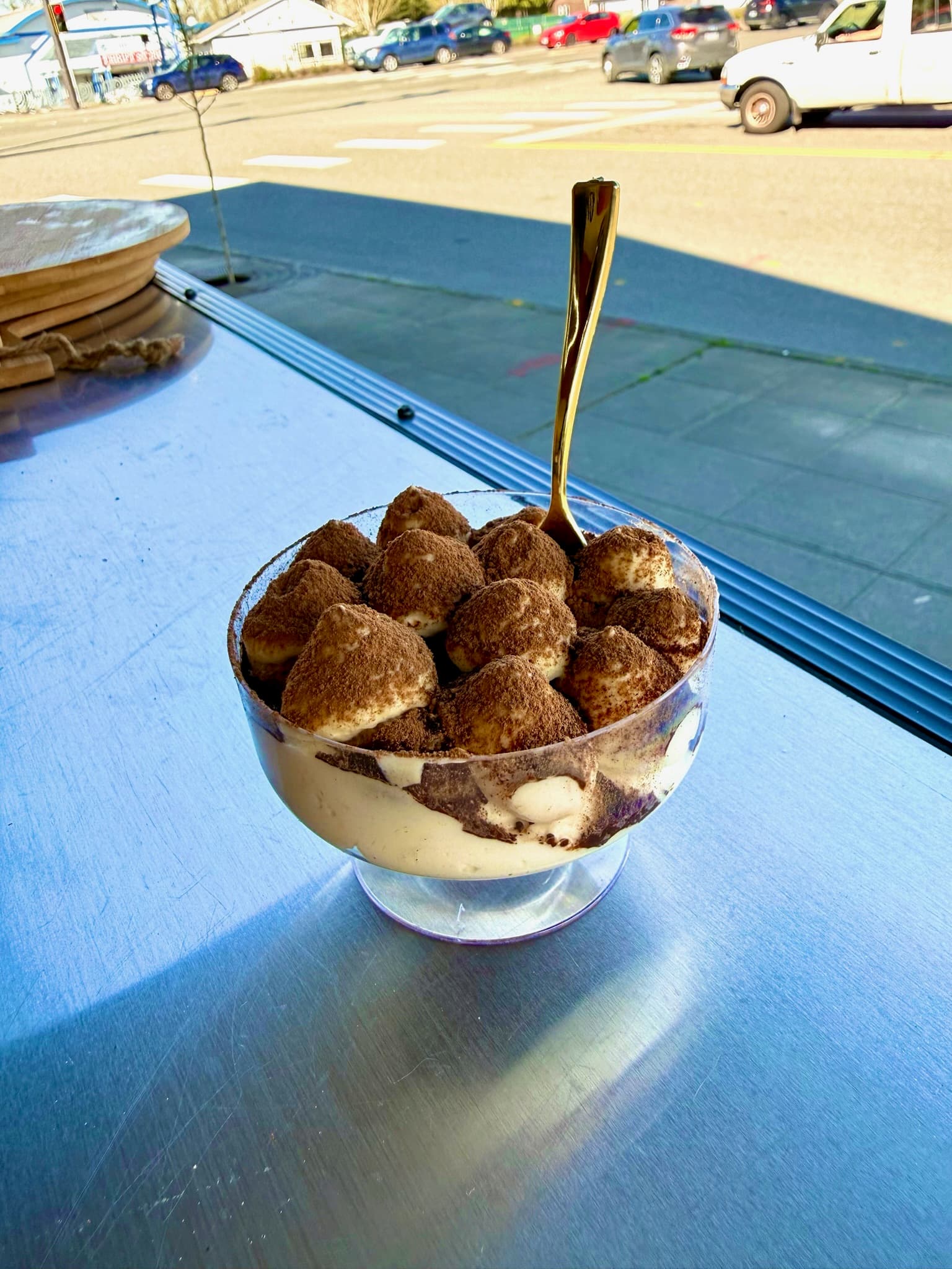 Close-up of house-made tiramisu with cocoa-dusted mascarpone cream